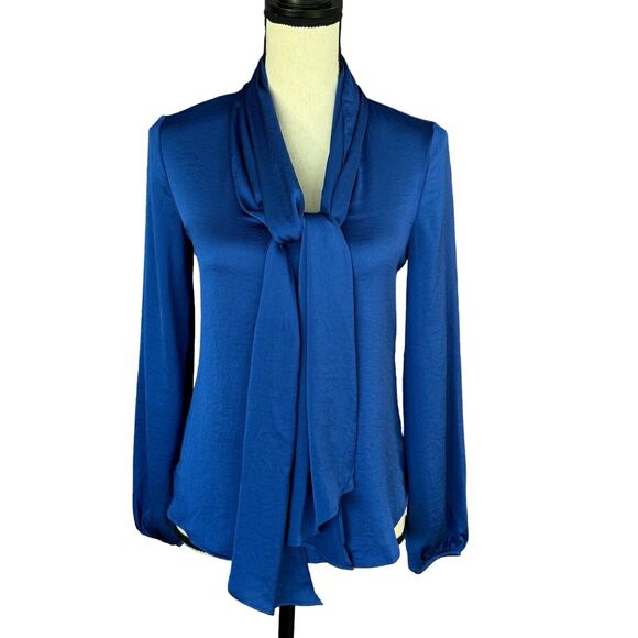 Bar III XX-Small Top Tie V-Neck Long Balloon Sleeves Curved Hem Blue New - Picture 1 of 8